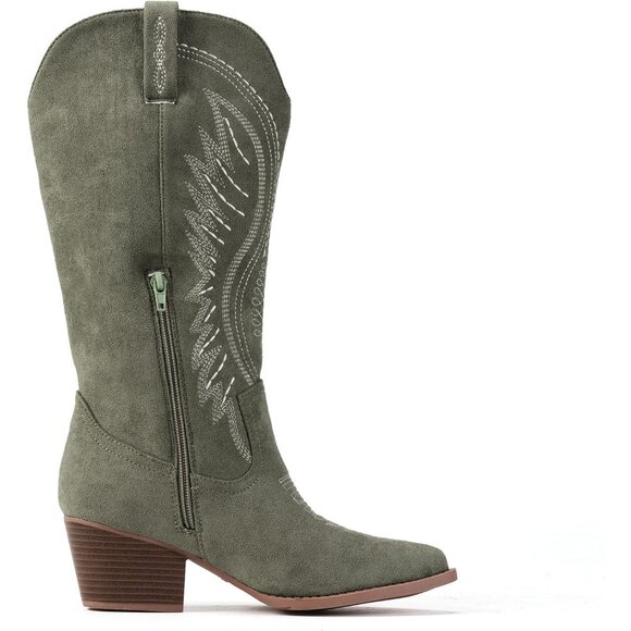Women's Suede Embroidered Side Zipper High Heeled Boots With Sloping Heel Green - Picture 4 of 6